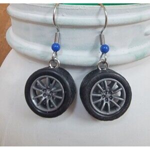 Handmade Tire Charm Hoop Earrings with Silver Plated Hoops and Beads Racing Blue